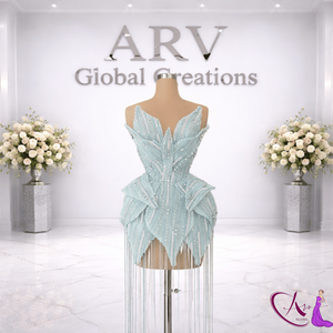 Vestido Corto de Lujo con Cuentas, Flecos y Bordados |   Vestido de Fiesta de Diseño con Cintura Natural para Mujer - Product Image 3