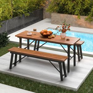 Set di Panche Pieghevoli Rettangolari in Legno di Acacia per Pranzo all'Aperto, Campeggio e Barbecue - Product Image 2