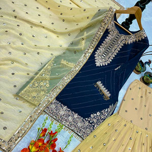 TENNECY Dupatta Azul Marino de Georgette con Bordado Intenso, Sin Arrugas, Reversible, de Secado Rápido, para Fiesta Diwali - Product Image 1