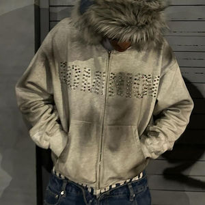 Sudadera con capucha pesada con cremallera completa y pedrería de diamante en toda la prenda, estilo streetwear personalizado para hombre, lavado ácido, color negro. - Product Image 1