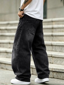<b>Men's</b> Breathable Eco-Friendly Lightweight Wide Leg <b>Jeans</b> Mid Waist Casual Cotton Denim Pants <b>Drawstring</b> Closure Flat Front Style - Product Image 2