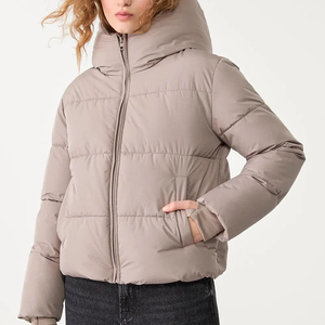 <b>Women's</b> <b>Beige</b> Hooded Down Coat Full Sleeve Zipper Closure Winter Warm Casual Style Solid Color Short Length - Product Image 1