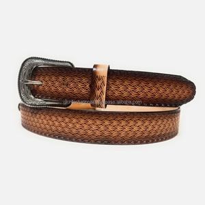 Export Quality Western Leather <b>Tooling</b> Belt for Men Hand Carving & Hand Painting Basket Embossed <b>Tooled</b> Leather Cowboy Belt - Product Image 4