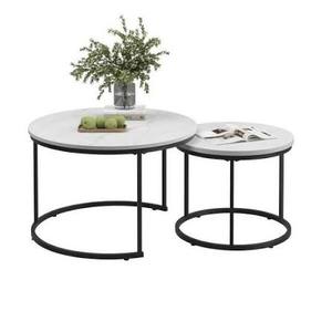 Modern <b>Round</b> Nesting Console <b>Tables</b> Black Metal Frame <b>White</b> Top Accent Coffee <b>Table</b> Set for Living Room Cafe - Product Image 1
