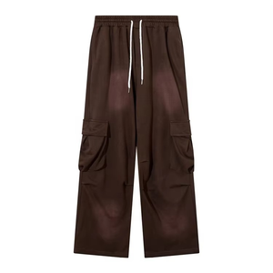 Men's <b>Brown</b> Cargo Sweatpants Elastic Waist Drawstring Wide Leg Casual Knitted Pants Multiple Pockets Midweight Style - Product Image 1