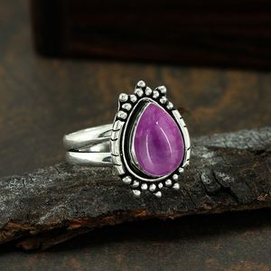 Bague en argent sterling 925 avec améthyste sertie clos, pierre précieuse violette en forme de goutte, bague statement pour femme, bijoux vintage, vente en gros - Product Image 3