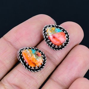 Pendientes de Plata de Ley 925 con Gemas Naturales de Ostrino Espinoso en Forma de Racimo del Suroeste, Joyería Hecha a Mano para Ella - Product Image 1