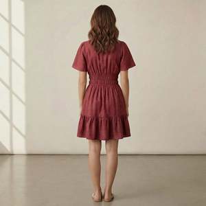 Maroon High Waist Cotton Mini <b>Skirt</b> Casual Short Sleeve For Women Featuring Lightweight Fabric Modern Style Comfortable Fit - Product Image 3