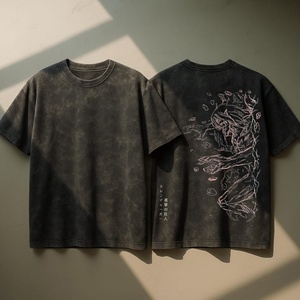 Camiseta de Mezclilla Oversize para Hombre, Manga Corta, Color Negro Sólido, Cuello Redondo, Estilo Casual, Tela de Algodón Lavado, Diseño Liso - Product Image 3