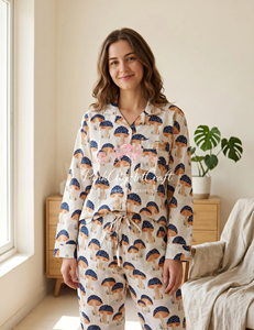 Handcrafted Mushroom Print Cotton Pajama Set Breathable Quick Dry Full-Sleeve Summer Nightwear for Women Soft Lightweight Lounge - Product Image 4