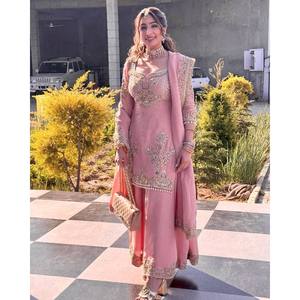 <b>Top</b>-Plazzo and Dupatta Set with Heavy Embroidery Work Straight Silhouette and Natural Waistline for Party Wear - Product Image 3