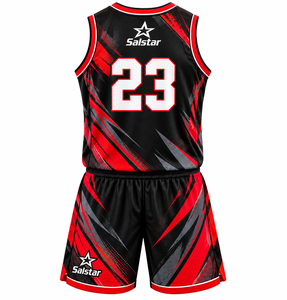 Ensemble de maillots de basket-ball pour hommes, sans manches, col en v, respirant, noir et rouge, uniforme d'équipe avec logos personnalisés des sponsors du club, noms et numéros - Product Image 2