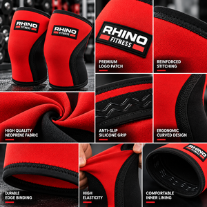 Genouillères de soutien pour hommes Rhino Fitness en néoprène rouge rayé, ajustement personnalisé, respirantes et durables pour la musculation - Product Image 5