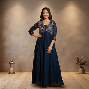 Traje Anarkali Azul Marino Bordado para Mujer, Corte Holgado, Elegante, Estilo Indio-Pakistaní, para Todas las Temporadas - Product Image 1