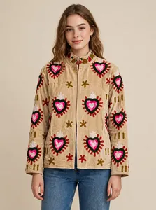 <b>Women</b> Beige Suzani <b>Velvet</b> Jacket Handmade Sacred Heart Embroidery Artisan Boho Statement <b>Coat</b> Ethnic Wholesale Outerwear - Product Image 4