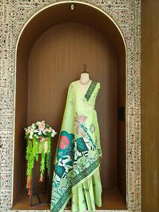 Sari en coton MUGA à motif floral avec bordure Zari, robe longue traditionnelle indienne/pakistanaise pour femme, sans plis, idéale pour les mariages et les fêtes - Product Image 3