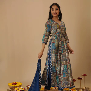 Pure Cotton Foil Print With Patch Work A-line Kurta Set Cotton Print & <b>Gota</b> Patti Work Kurta Pant Set With Dupatta Ready to Wear - Product Image 1