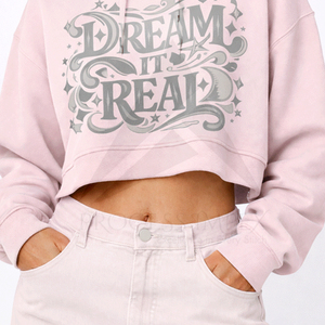 เสื้อฮู้ดครอปสีชมพูสำหรับผู้หญิง พิมพ์ลาย Dream It Real สไตล์ลำลอง มีกระเป๋า เหมาะสำหรับใส่ในฤดูใบไม้ร่วง - Product Image 6