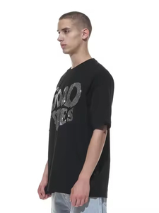 T-shirts unisexes noirs unis à col rond, effet vieilli, en coton biologique et bambou, coupe oversize, de haute qualité, épais, avec strass - Product Image 2