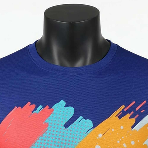 Camiseta de Manga Corta Azul para Hombre, Cuello Redondo, con Estampado Pintado a Mano, de Secado Rápido, Tejido de Punto, Corte Ajustado Informal - Product Image 5