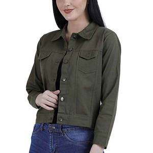 Chaqueta vaquera verde oliva para mujer al por mayor, con botones frontales, corte regular casual, color liso, lavada, estilo crop top, de algodón tejido, prenda exterior. - Product Image 3