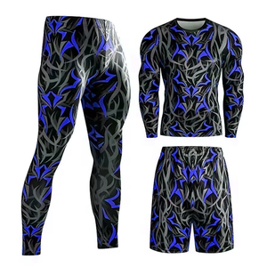 Ensemble de leggings de compression longs pour hommes avec t-shirt à manches longues et short, imprimé numérique uni, antibactérien, taille élastique, en spandex - Product Image 4