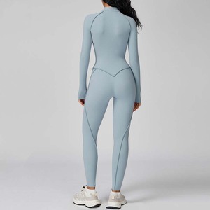 Combinaison de yoga intégrale pour femme à col roulé avec fermeture éclair sur le devant, taille haute, couleur unie, en Spandex et Polyester - Product Image 5