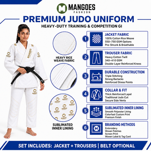 Kimono de BJJ Premium Mangoes Fashion en Coton Blanc Tissage Doré Prêt pour les Compétitions Uniforme Athlétique Adulte Unisexe Coupe Classique - Product Image 6