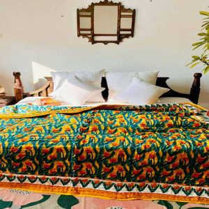 Hand Block Printed Modern Luxury Designer Vibrant Mustard & Teal Floral Hand-block Printed 100% Cotton <b>Quilt</b> For Home <b>Bedding</b> - Product Image 4