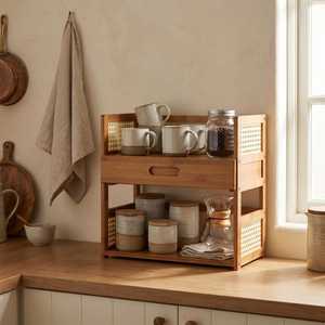 Wooden Double Tier <b>Storage</b> <b>Rack</b> With Drawer And Rattan Panels For <b>Kitchen</b> Countertop Organization Minimalist Style <b>storage</b> - Product Image 5