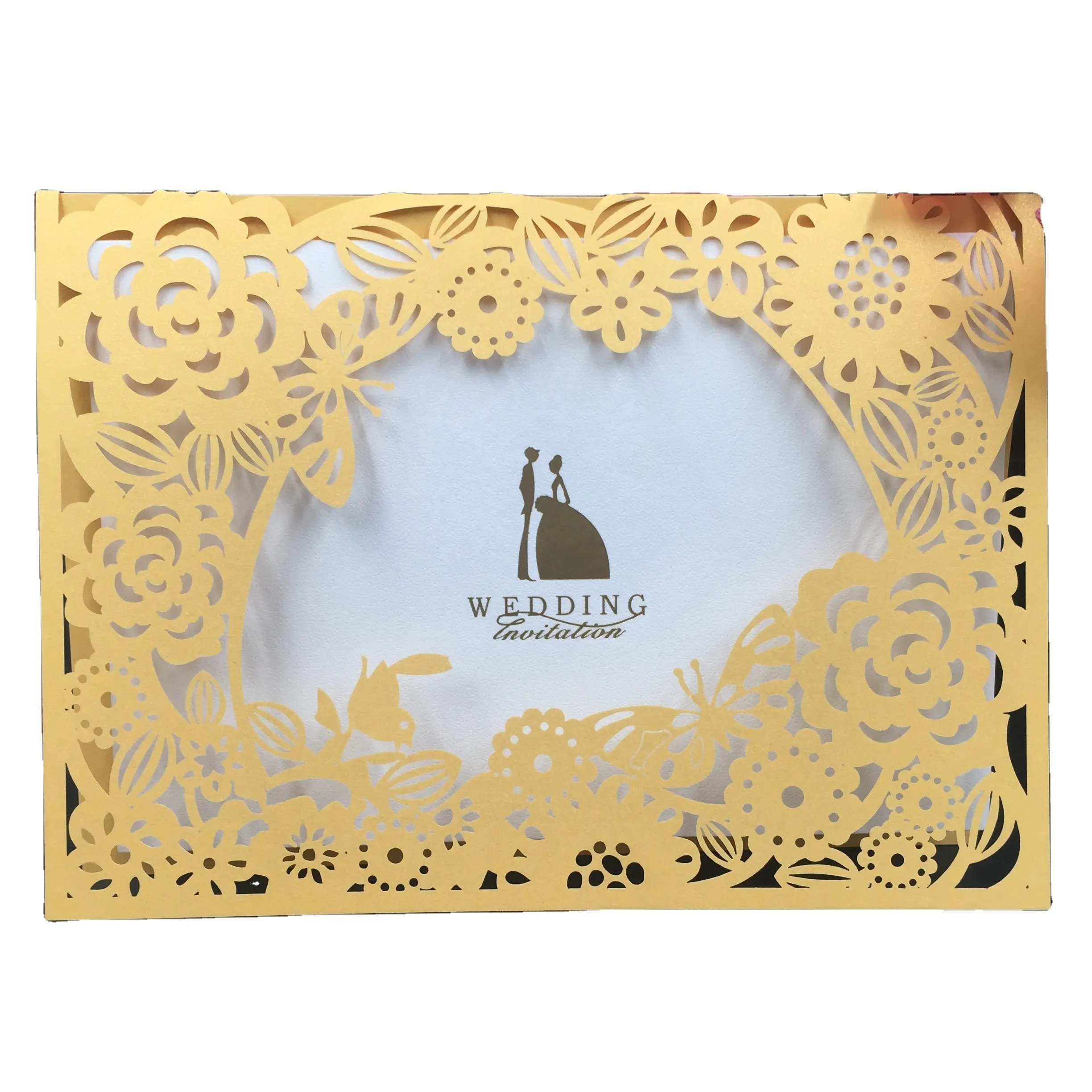 Tarjetas elegantes de bolsillo de encaje para invitaciones de boda, suministros de tarjetas de felicitación de flores de corte láser cuadrado para eventos y fiestas, venta al por mayor, nuevo diseño