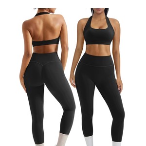 Conjunto Deportivo de 2 Piezas con Cuello Redondo, Leggings de Cintura Alta, Color Sólido, Costuras en Contraste, Transpirable, Ecológico, Ideal para Yoga - Product Image 4