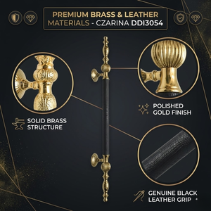 Poignée de porte d'hôtel CZARINA en laiton massif de luxe moderne avec poignée en cuir noir véritable |   Poignée de porte d'entrée en or antique - Product Image 4