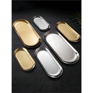 Plateau de service ovale en acier inoxydable de haute qualité, plateau à serviettes en métal, plateau de rangement pour cosmétiques et bijoux, plateau alimentaire poli miroir, décoration - Product Image 2