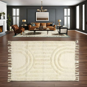 พรมขนสัตว์ทอมือ ลายเรขาคณิตนามธรรมสีงาช้าง พร้อมพู่ห้อย พรมสไตล์โมเดิร์นโทนกลาง สำหรับห้องนั่งเล่นและห้องนอน - Product Image 1