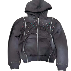 Sweat à capuche surdimensionné décontracté pour homme, 100 % coton épais, avec fermeture éclair intégrale, imprimé numérique personnalisé et strass, collection hiver 2026 - Product Image 1