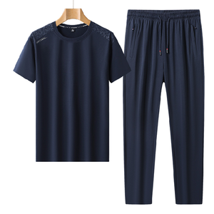 Men Summer Casual Two Piece <b>Set</b> White T-Shirt Black Pants Quick Dry <b>Knitted</b> Polyester Solid Color Plus Size - Product Image 5