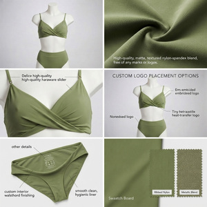 Women's Olive <b>Green</b> Eco-Friendly Breathable 2-Piece Bikini Set Crossed <b>Halter</b> <b>Top</b> High Waist Bottoms Solid Color Spandex Front - Product Image 5