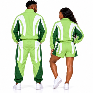 Conjunto Deportivo Unisex Verde y Blanco con Bloques de Color, Chaqueta Deportiva con Cremallera Completa, Pantalones Cortos, Secado Rápido, Ropa de Primavera - Product Image 4