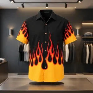 Chemise décontractée pour homme à manches courtes en tricot anti-rides, imprimé flamme, noir et jaune, en polyester popeline respirant pour l'été - Product Image 1