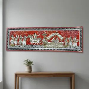 Décoration rectangulaire suspendue artisanale d'art indien, origine Orissa, pour la décoration intérieure du salon, thème Procession de la Célébration Divine - Product Image 5