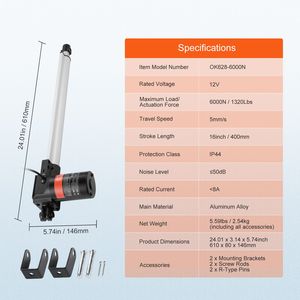 Attuatore Lineare 12V per Carichi Pesanti, 16 Pollici, Capacità 1320 libbre/6000N, Velocità 0,19 pollici/s, con Staffa di Montaggio e Cilindri - Product Image 6