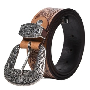 Designer Top Layer Cowhide 100% Genuine Western Leather Tooling Belt with Floral Hand Carving and Designer Cowboy <b>pin</b> Buckle - Product Image 6