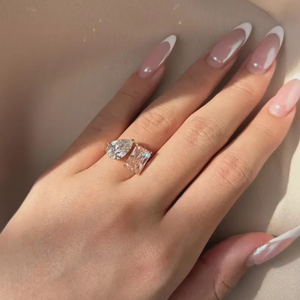 Bague de fiançailles et de mariage de luxe Toi et Moi en diamant de laboratoire rose taille poire radiant, or 14 carats, bijoux fins sur mesure - Product Image 5