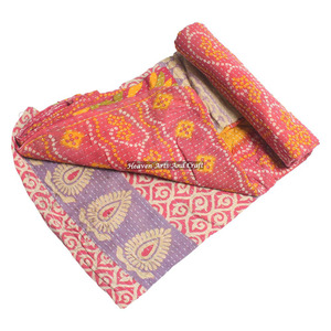 Vintage Fine Stitch Sari Kantha Indigo <b>Quilt</b> Indian Reversible Hand Stitched Heavy Throw Old Sari Blanket Patch Work Heavy - Product Image 2