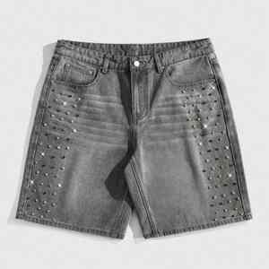 Shorts en jean personnalisés pour hommes, respirants, style vintage streetwear, délavage léger, ourlet brut, avec strass - Product Image 4