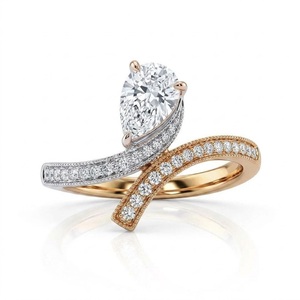 10K/14K Solid Gold Two Tone Bypass Engagement Wedding Ring Pear Lab Grown Diamond Milgrain Pave Band Anniversary <b>Gift</b> for Her - Product Image 2