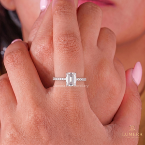 IGI Certified <b>Emerald</b> Cut Diamond Solitaire <b>Ring</b>, Lab Grown Center Stone, 4-Prong Mounting, Round Diamond Pave <b>Band</b>, Luxury <b>Ring</b> - Product Image 1