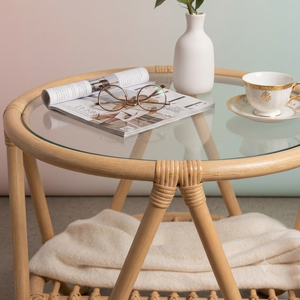 Mesa de Centro Redonda de Ratán Natural Moderna con Tapa de Vidrio, Mesa Auxiliar Pequeña para Sala de Estar o Balcón, Muebles Artesanales al por Mayor - Product Image 4