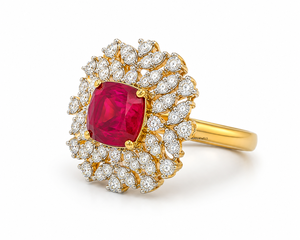 Anillo de Lujo con Gema Roja de Corte Cojín y Halo Floral de Diamantes para Mujer en Oro de 10K, 14K, 18K y Plata de Ley 925/935 - Product Image 3